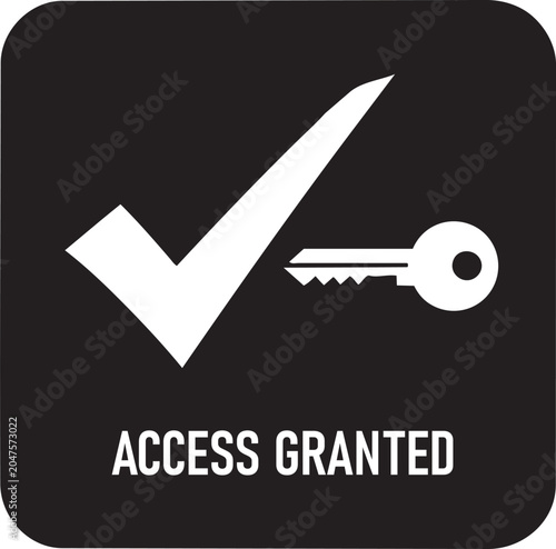 Access granted sign with checkmark and key on transparent background