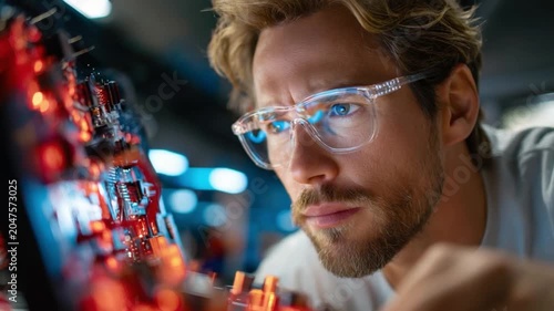 Focused Engineer Examining Circuitry: A sharp-focused engineer, wearing stylish glasses that reflect the glow of electronic components, intently examines a complex circuit board.