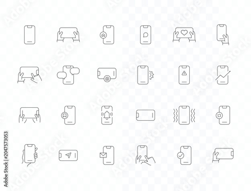Minimal Mobile Phone Interaction Line Icons Set – Smartphone UI, Gesture and Notification Outline Collection