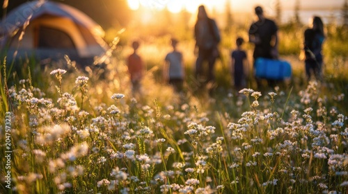 Family camping trip at sunset in a field of wildflowers