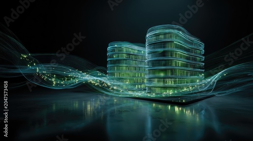 Futuristic glowing buildings with abstract light waves