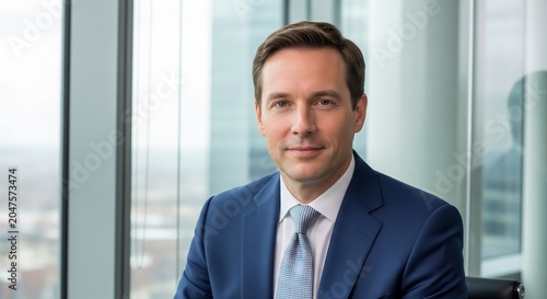 Smiling businessman sitting in office with city view
