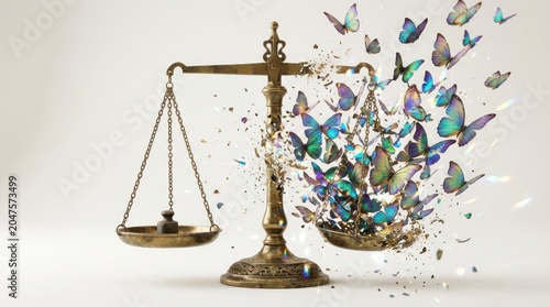 Vintage brass scales of justice with iridescent butterflies flying out