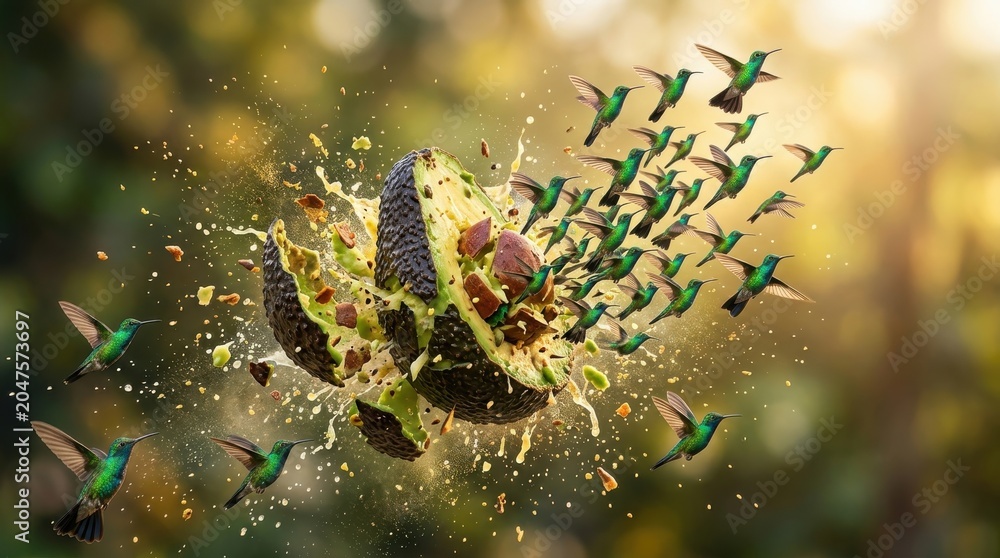 Fototapeta premium Hummingbirds flying around an exploding avocado