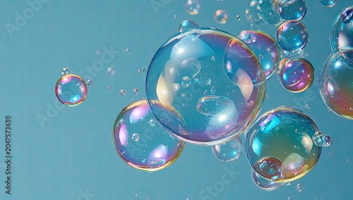 Translucent, iridescent spheres float and drift against a soft blue background
