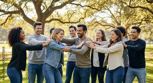 Group of diverse friends holding hands in circle outdoors during golden hour in park