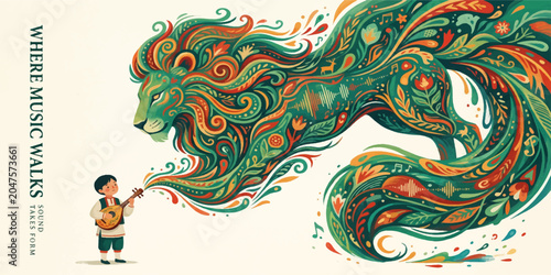 Cuadro en lienzo Child's Imagination Unleashed: A young boy playing a ukulele conjures a magnificent, ornate lion made of swirling patterns and vibrant colors, symbolizing the power of music and creativity