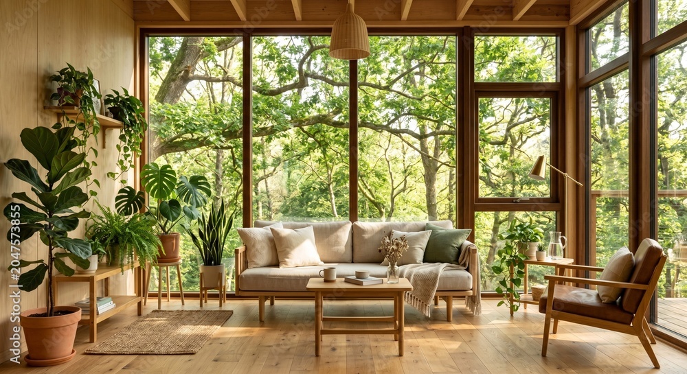 Fototapeta premium Sunlit Living Room in Biophilic Treehouse Cabin