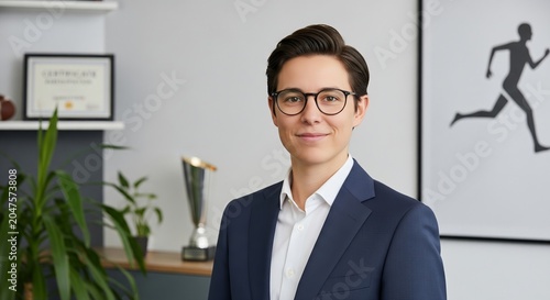 Confident professional businessman posing in modern office with awards and plants