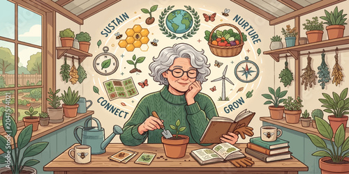 Obraz na płótnie Green Thumbs and Growing Dreams: An older woman with a gentle smile finds joy and fulfillment tending to her plants in a sunlit greenhouse, surrounded by symbols of growth, nature