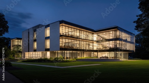 Modern glass building with illuminated interiors at twilight