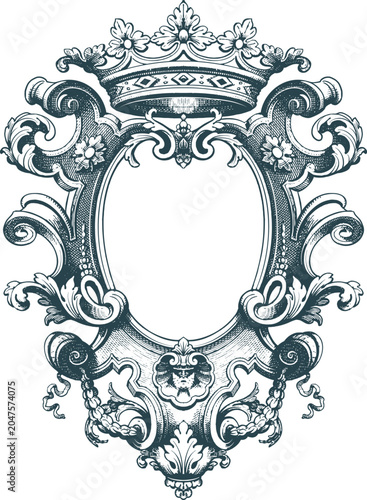 Gothic vintage victorian frame emblem drawing, vector royal baroque border, dark classic antique ornament, floral oval. Victorian elegant mirror ornate medieval  decoration, Wedding gothic frame