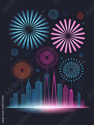 Neon City Skyline with Colorful Fireworks - Modern Vector Line Art Illustration for New Year Celebration