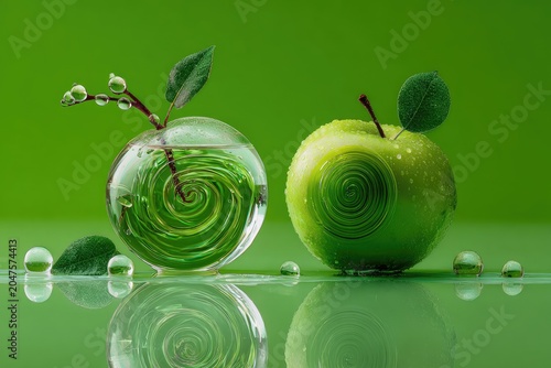Abstract Green Apple Artistry with Water Droplets.