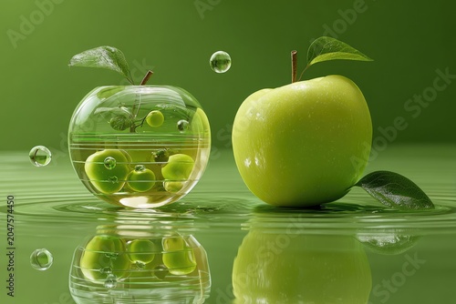Fresh Green Apples in Water with Bubbles.