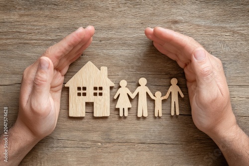 Hands sheltering a wooden house and family figures on a rustic surface