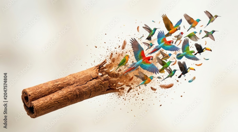 Fototapeta premium Cinnamon stick transforming into a flock of colorful tropical birds