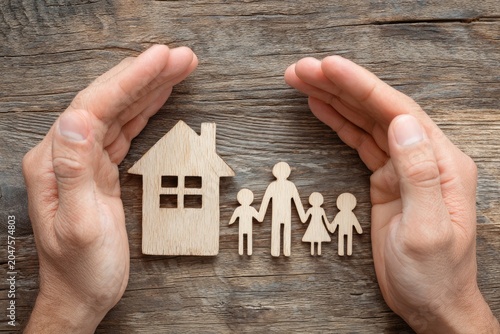 Hands shelter wooden house and family figures on rustic wood