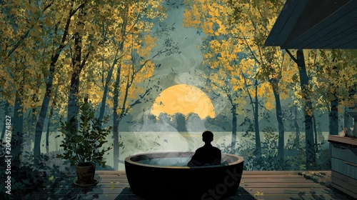 Person relaxing in hot tub amidst autumn foliage as sun sets