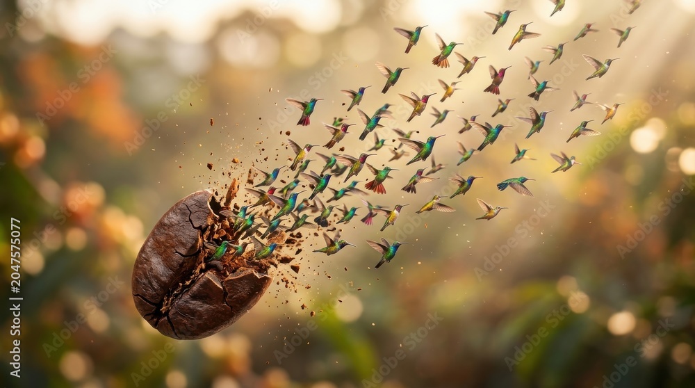Fototapeta premium Hummingbirds emerging from a roasted coffee bean