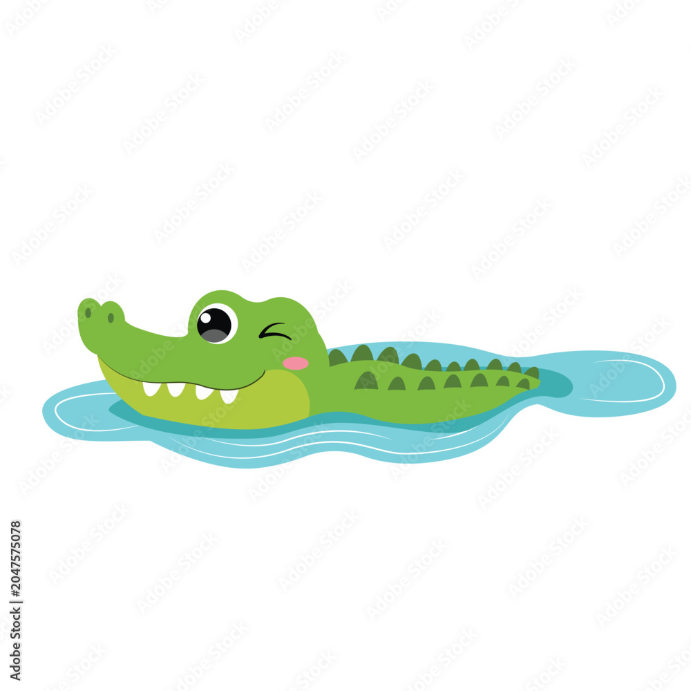 Fototapeta premium Cute green cartoon crocodile swimming in water winking happy alligator vector illustration