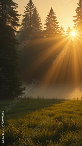 AI,Golden sunrise streaming through a tranquil pine forest, creating dramatic sun rays and long shadows across lush green grass. Serene woodland landscape with warm golden light,