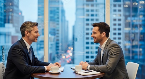 Business professionals discussing strategy in modern office with city skyline view