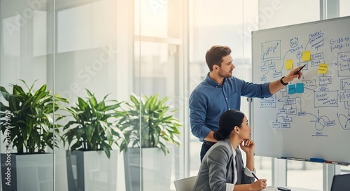 Business team analyzing data on digital whiteboard in modern bright office with plants