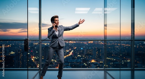 Confident businessman gesturing towards city skyline at sunset with urban landscape view