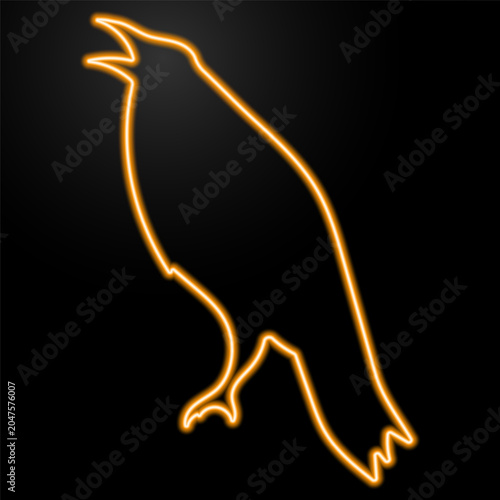 Neon crow icon glowing in warm orange on a dark background. Bird silhouette symbol representing wildlife.
