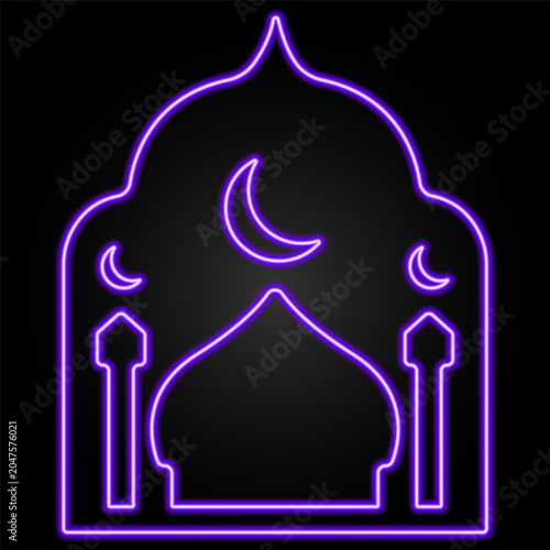 Neon Islamic mosque icon glowing in vibrant purple on a dark background. Elegant architectural silhouette featuring crescent moon.