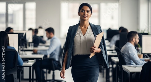Confident businesswoman walking through modern office with focused colleagues in background