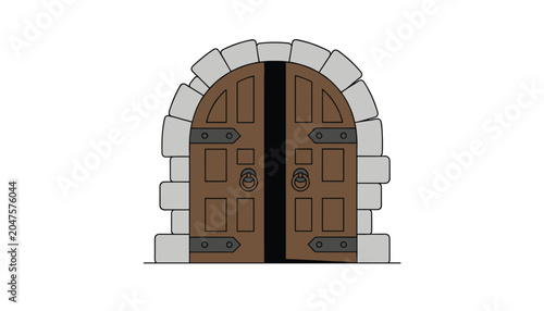 Old medieval castle wooden double door with stone arch archway