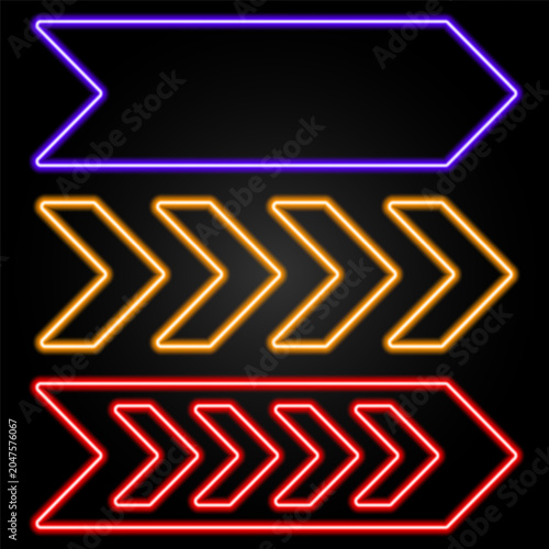 Set of neon glowing arrow signs in purple, orange and red on black background. Includes a large banner arrow, chevron sequence arrows.