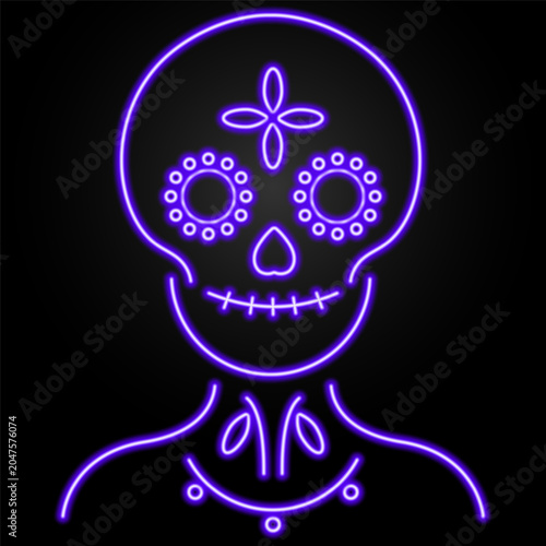 Glowing neon skull icon in vibrant purple on a dark background. Traditional day of the dead design featuring decorative floral details.