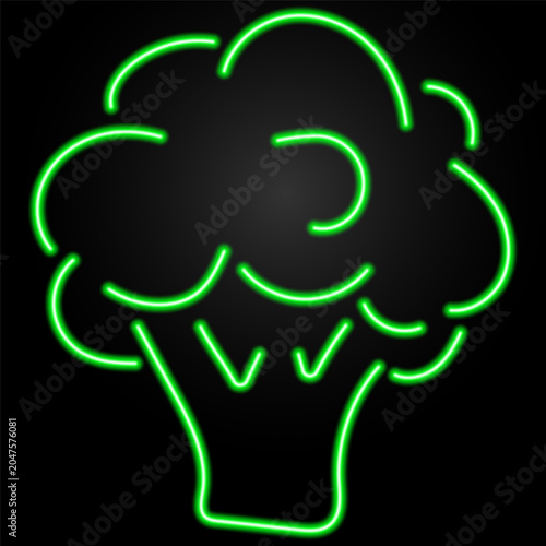 Neon broccoli icon glowing in bright green on a dark background. Fresh vegetable symbol representing healthy eating, nutrition, organic food.