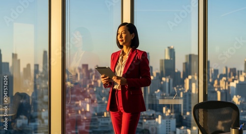 Professional woman using smartphone on rooftop terrace with city skyline at sunset