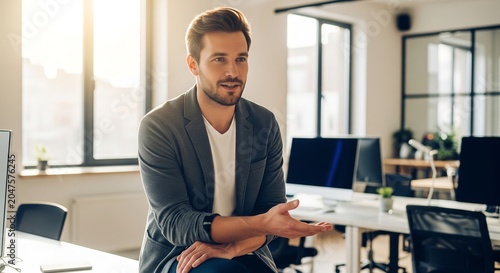 Professional businessman reviewing documents in modern bright office with laptop and paperwork