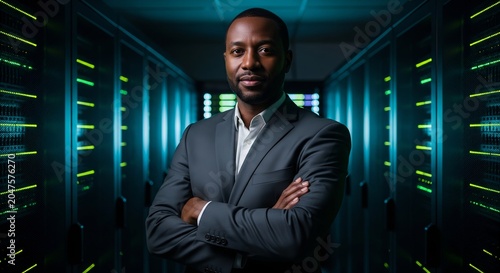 Confident businessman standing with arms crossed in modern data center server room