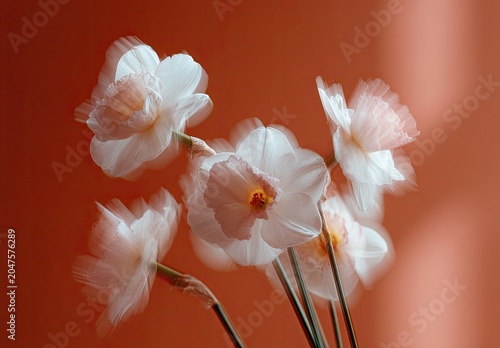 Ghostly white flowers captured with motion blur against an orange background