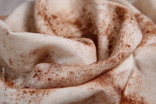 Textured fabric with a subtle mottled brown and cream speckled pattern