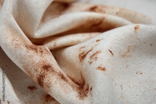 Close-up abstract of creamy fabric with scattered brown speckles and folds