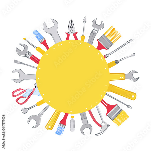 Circular arrangement of various tools around a yellow circle