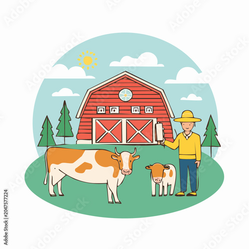 Farmer with Cows and Barn