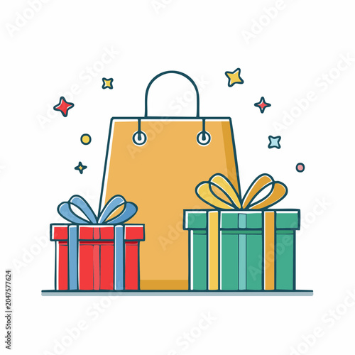 Shopping Bag with Gift Boxes and Stars