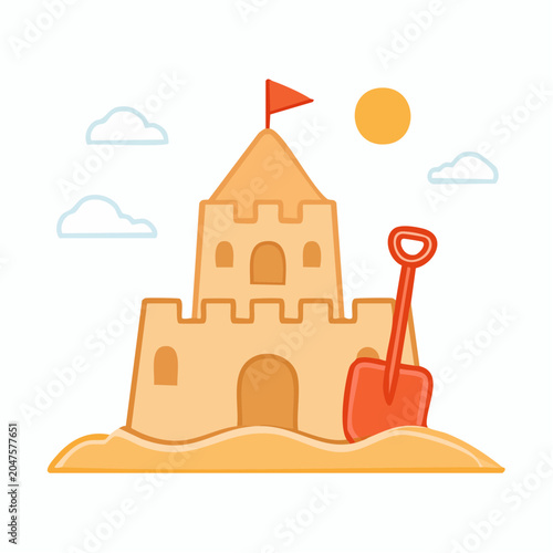 Sandcastle with Shovel and Sun