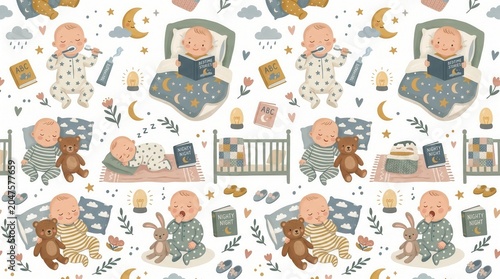 Cartoon babies prepare for bed by brushing teeth, reading, cuddling toys, and sleeping peacefully