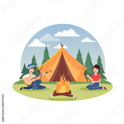 Two people camping by a campfire, one playing guitar