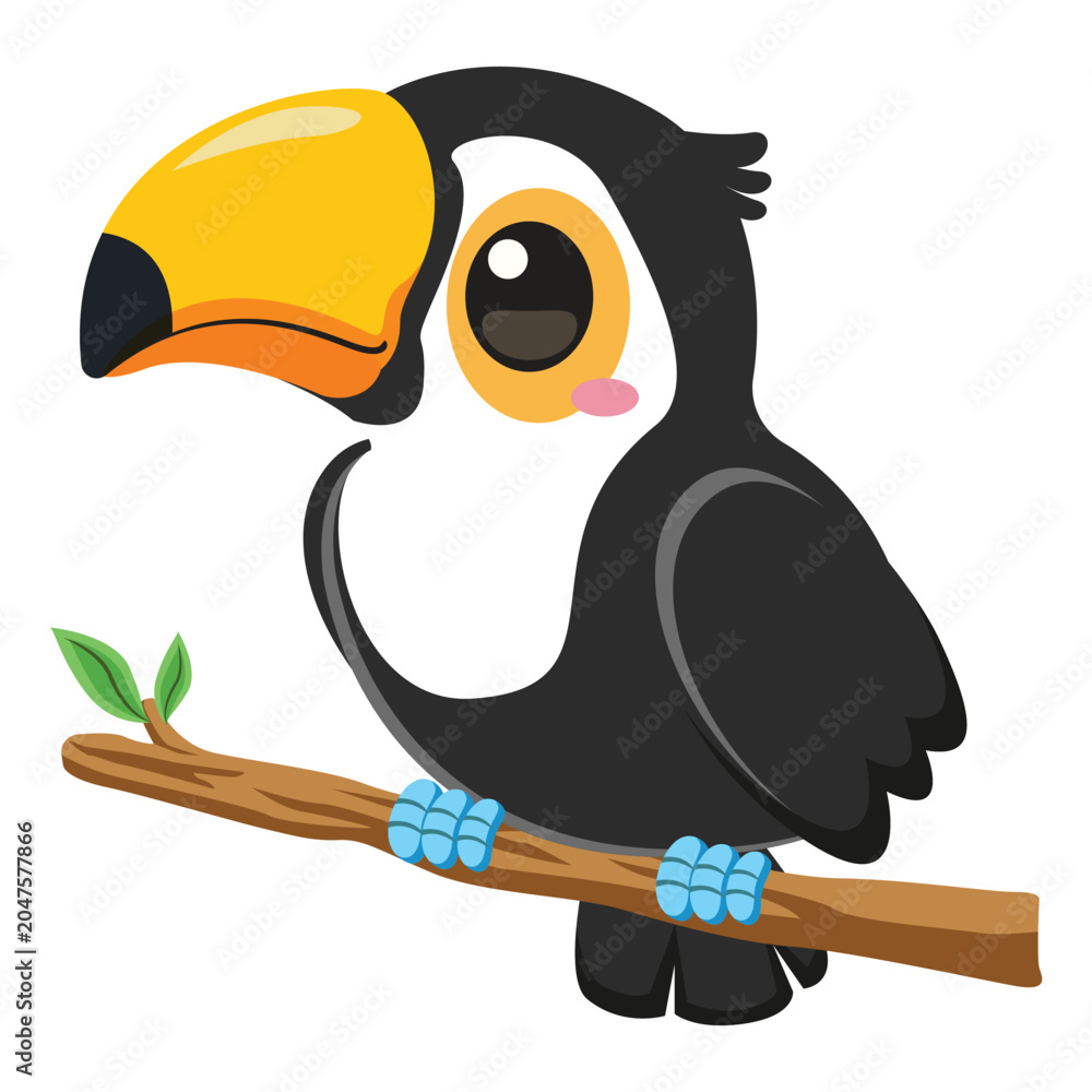 Obraz premium Cute toucan bird with a large yellow beak sitting on a branch
