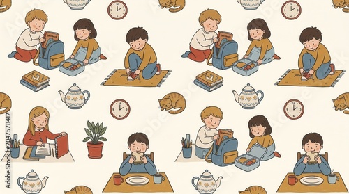 Kids pack bags, tie shoes, study, and eat breakfast at home in the morning